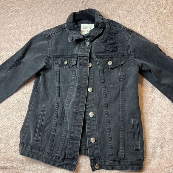 Thread & Supply Jean Jacket Black Distressed Small   Item #4 - Picture 1 of 10